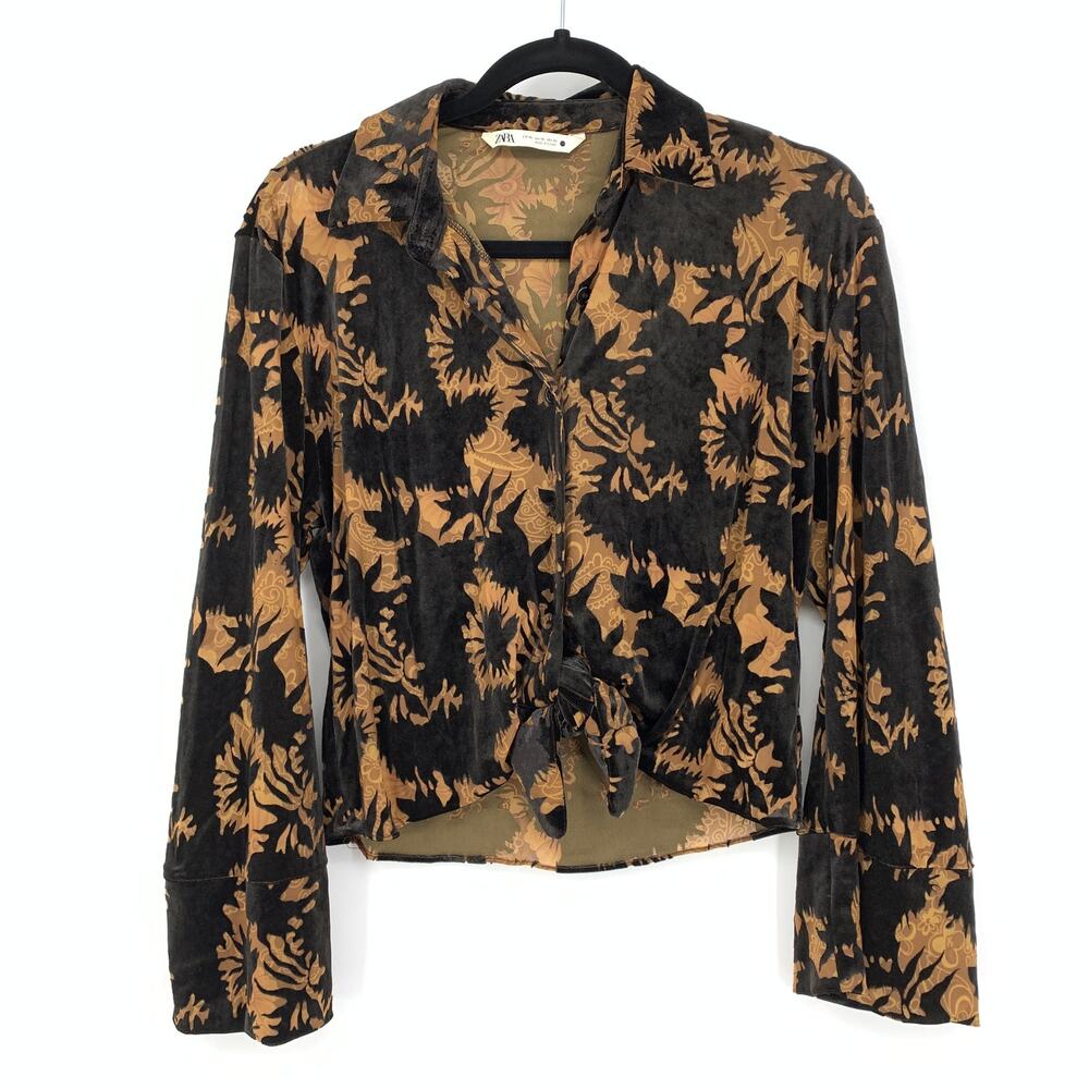 Zara Blouse Women's XS Tie Front Burnout Velvet Collared Black Tan Floral Print